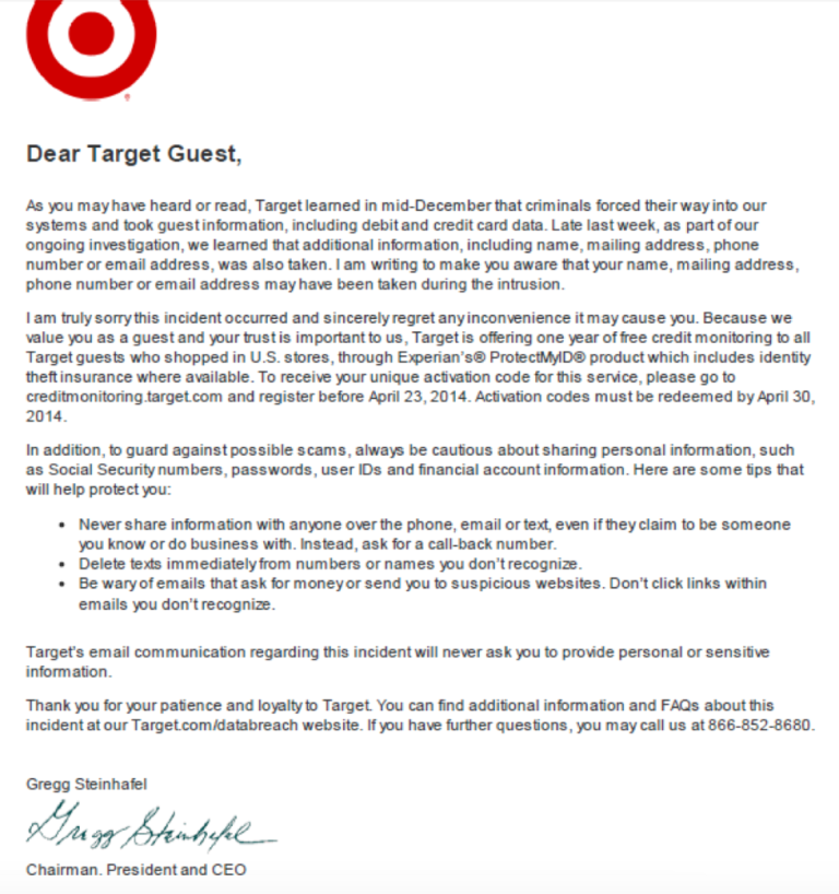 Target Notice of Data Breach Letter